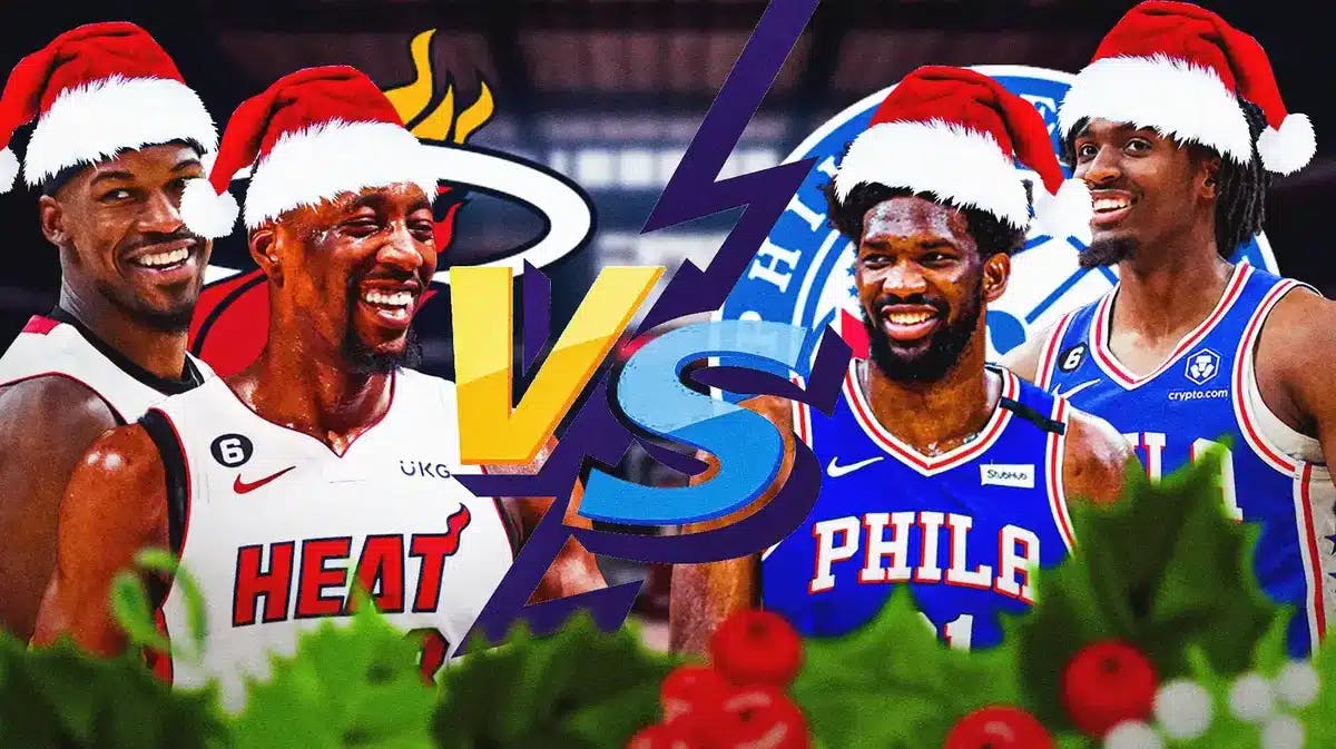 Jimmy Butler, Bam Adebayo, Heat logo vs. Joel Embiid, Tyrese Maxey, 76ers logo. All in Santa Claus hats with Christmas trees/snow/presents in background