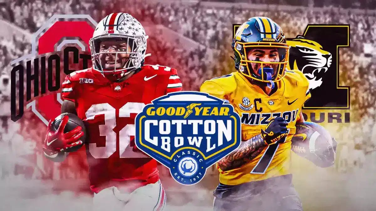 TreVeyon Henderson, Ohio State logo vs. Cody Schrader, Missouri logo. Goodyear Cotton Bowl Classic logo in the front.