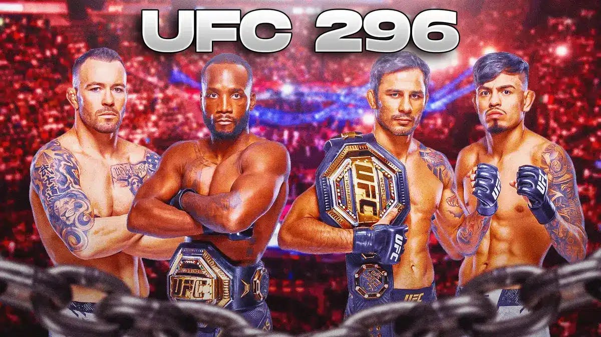Colby Covington and Leon Edwards together in a fighting pose with title belt underneath them. Alexandre Pantoja and Brandon Royval together in a fighting pose with title belt underneath them. “UFC 296” at the top of the graphic.
