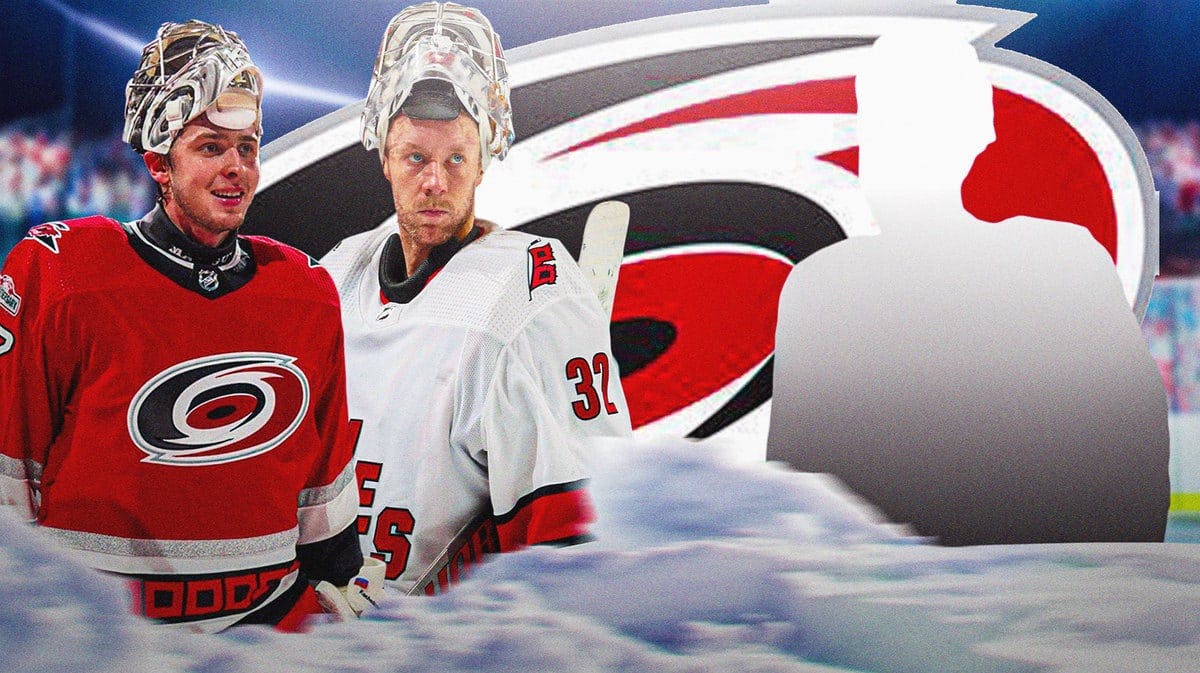 Pyotr Kochetkov and Antti Raanta both on either side of image looking stern, a Carolina Hurricanes goalie silhouetted in the middle, Car Hurricanes logo, hockey rink in background