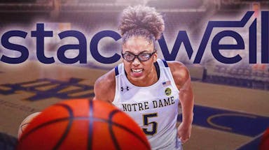 Graphic - Notre Dame women’s basketball player Olivia Miles in her Notre Dame uniform, and the Stackwell Capital logo