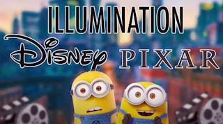 Illumination, Disney, and Pixar logos with Minions from Despicable Me.
