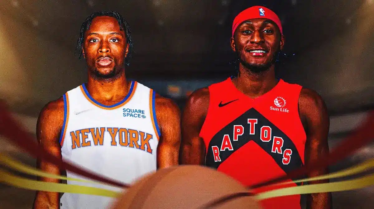 Immanuel Quickley in a Raptors jersey, and OG Anunoby in a Knicks jersey.