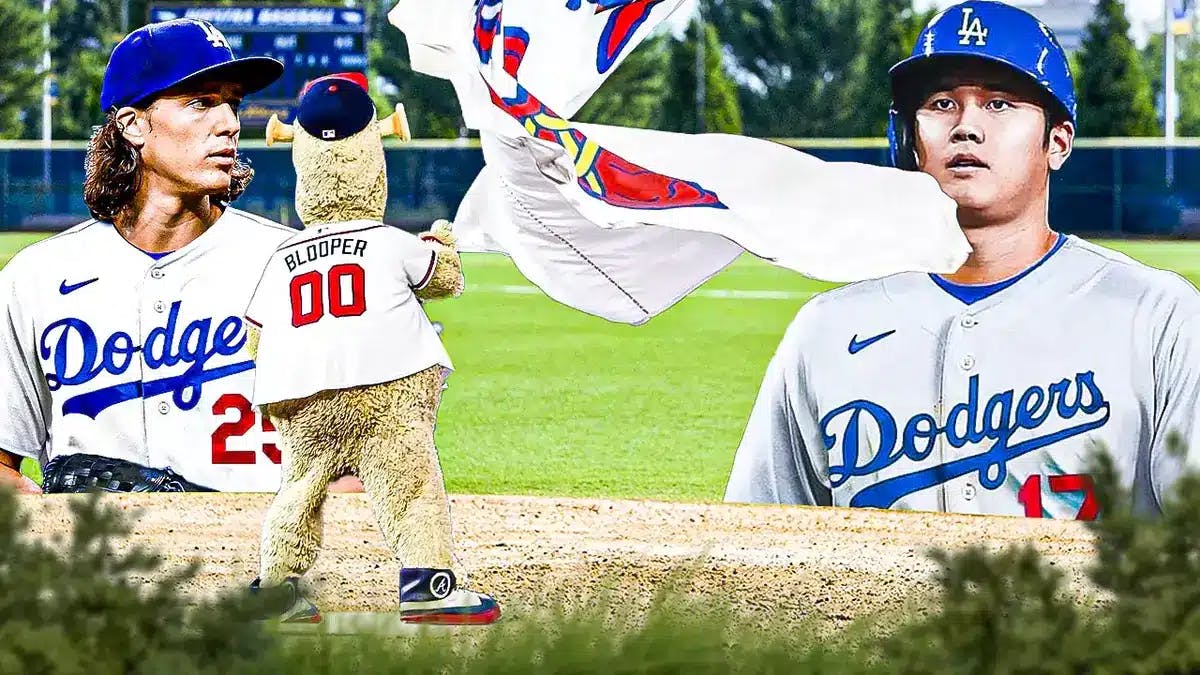 Braves mascot placing a flag labeled 'ATL' on top of a baseball mound, while Shohei Ohtani and Tyler Glasnow look on bewildered in Dodgers uniforms in the background