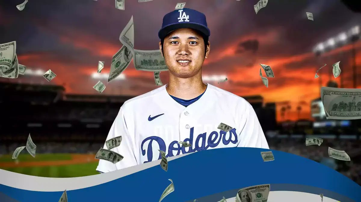 Photo: Shohei Ohtani in Dodgers jersey with money flying around him, another photo of Ohtani in action in Dodgers jersey, 2 SEPARATE thumbnails please