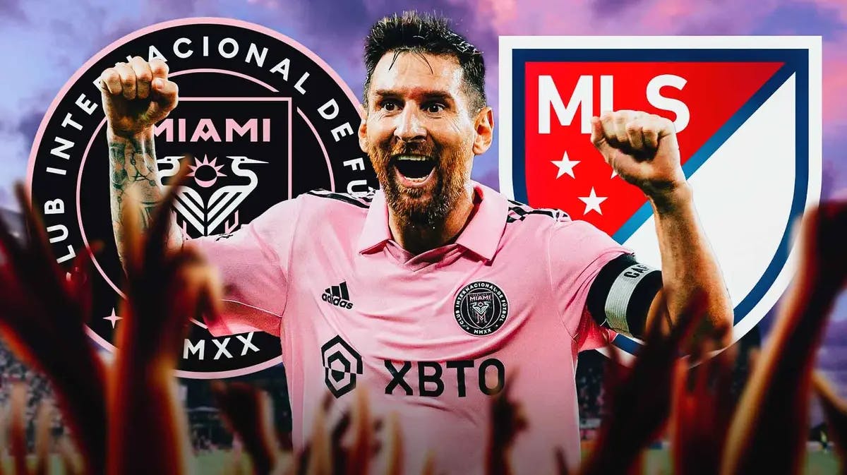 Lionel Messi in front of the Inter Miami and MLS logos