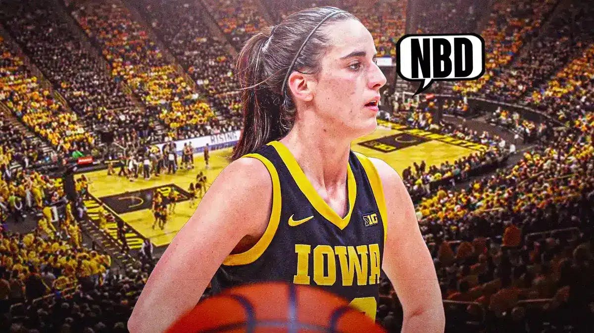 Iowa women’s basketball player Caitlin Clark, with a text bubble saying “NBD”