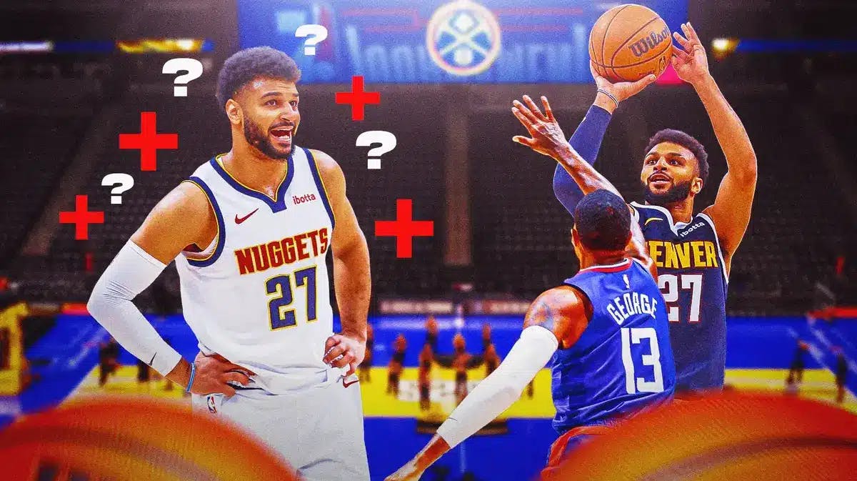 Nuggets' Jamal Murray shooting over Clippers' Paul George, with a pic of Murray on the side with question marks all over and medical red cross