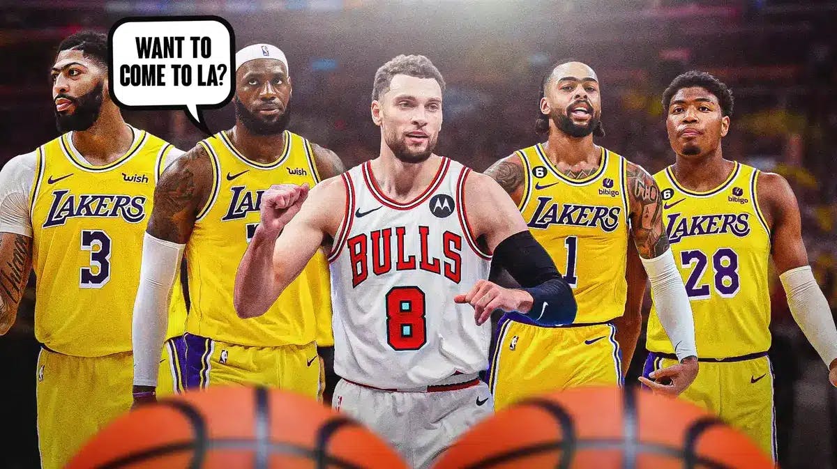 Lakers' LeBron James saying "Want to come to LA" to Bulls' Zach LaVine with Anthony Davis, D'Angelo Russell and Rui Hachimura