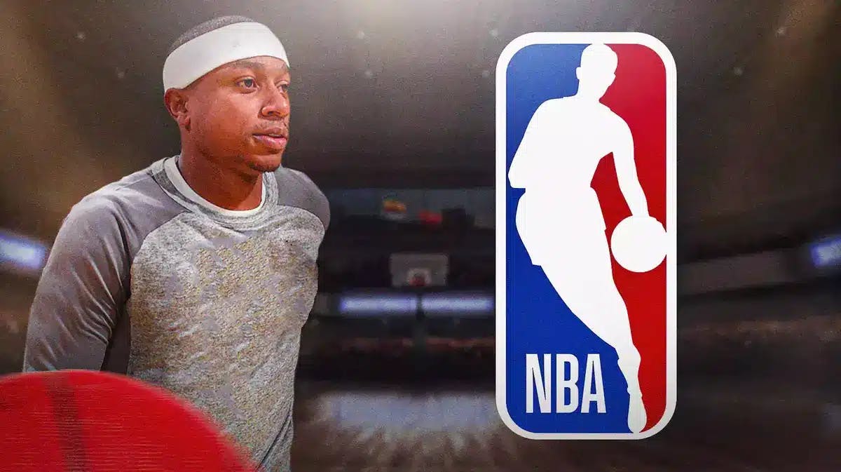 Isaiah Thomas (normal clothes) looking serious next to the NBA logo.