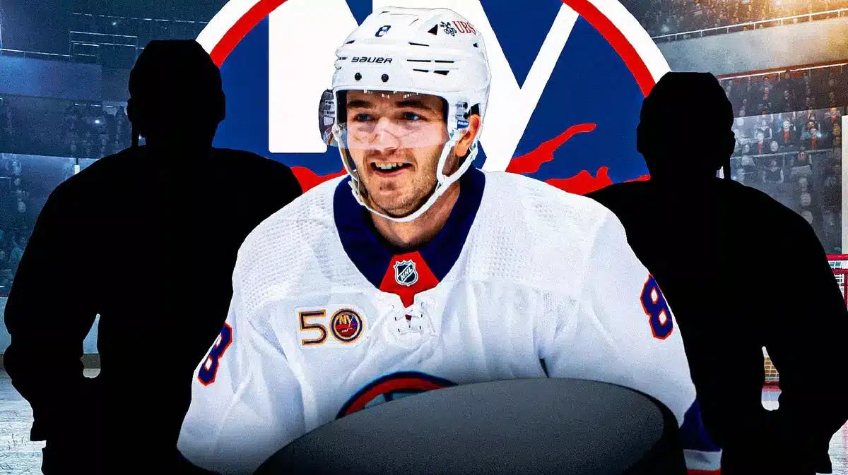 Noah Dobson in middle looking happy, a silhouetted NY Islanders player on either side, NY Islanders logo in image, hockey rink in background
