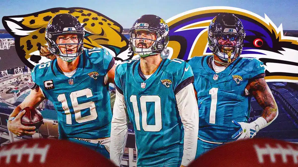 Brandon McManus, Trevor Lawrence and Travis Etienne in image, Jaguars and Ravens logos, football field in background