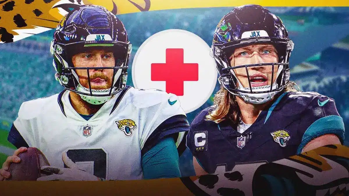 Jacksonville Jaguars QBs C.J. Beathard and Trevor Lawrence and a medical cross symbol in between them