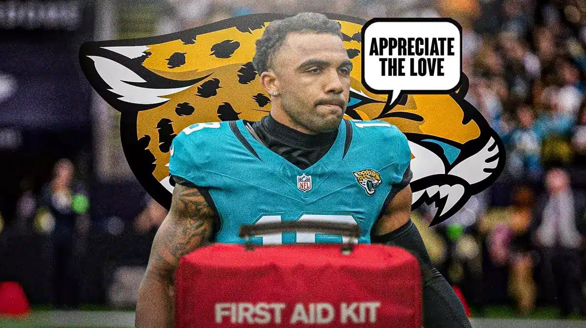 Christian Kirk in middle of image looking stern with speech bubble: “Appreciate the love” , first aid kit, JA Jaguars logo in image, football field in background