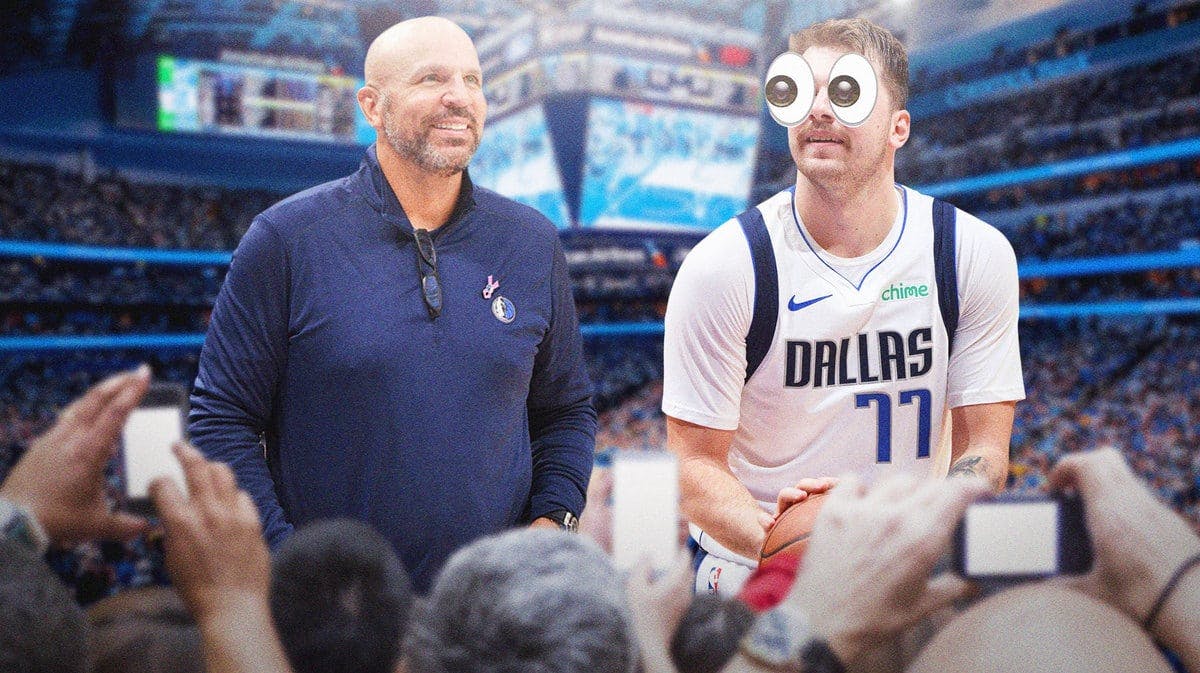 Mavs' Luka Doncic shooting a basketball with eyes popping out. Mavs' Jason Kidd smiling.