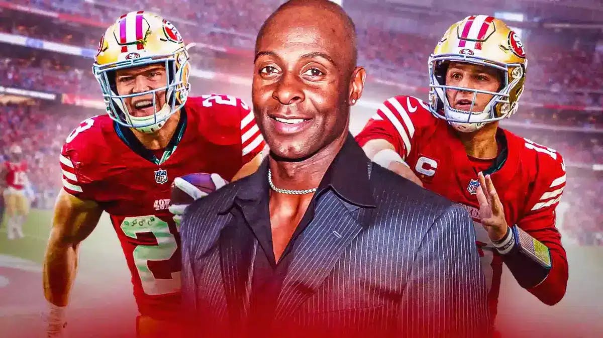 Photo: Jerry Rice in a suit with Christian McCffrey and Brock Purdy in 49ers uniform