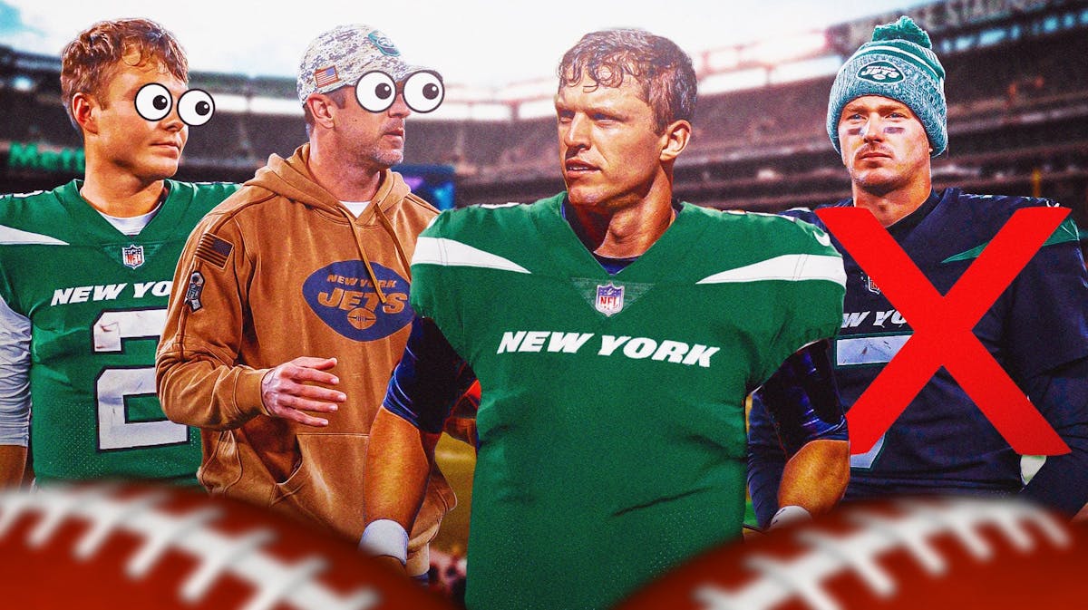 Brett Rypien in a Jets jersey, Tim Boyle with a big red X over him, Aaron Rodgers and Zach Wilson with big bulging cartoon eyes