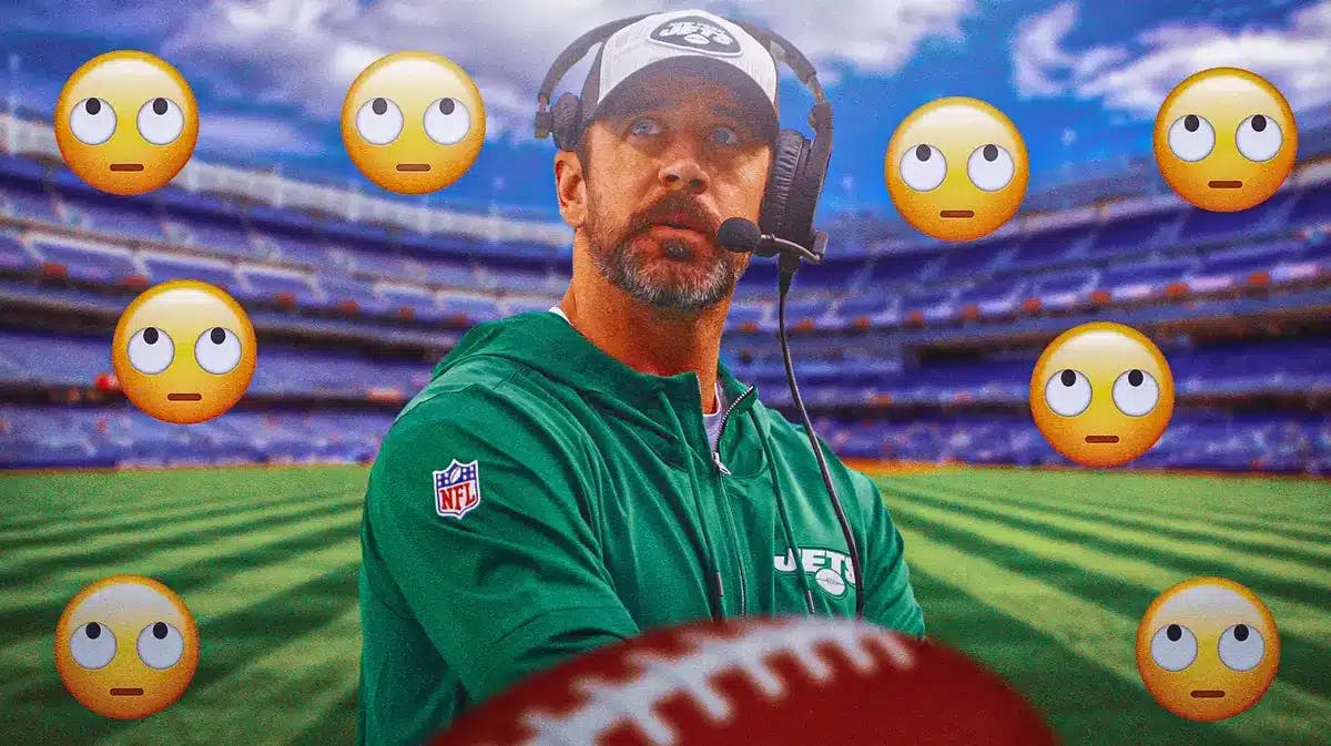 New York Jets star Aaron Rodgers around unamused emojis in front of Metlife Stadium.
