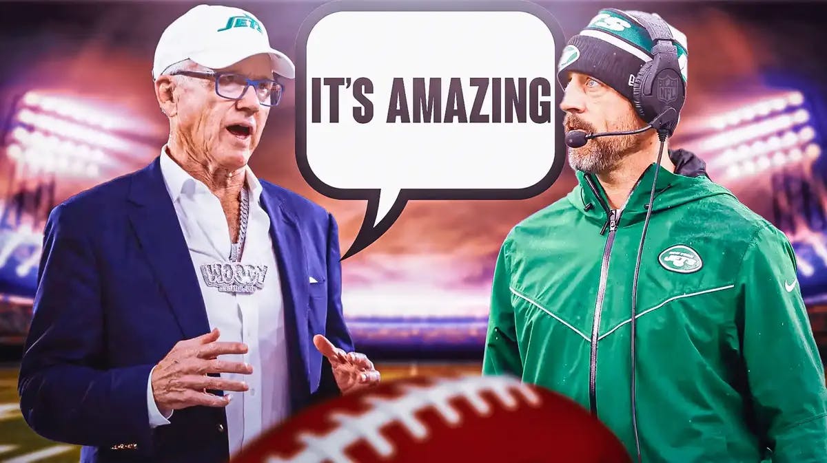 New York Jets' Aaron Rodgers and owner Woody Johnson and speech bubble from Johnson “It’s Amazing”