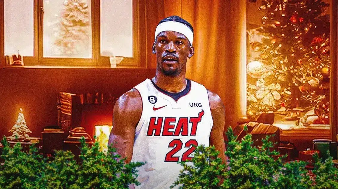 Miami Heat star Jimmy Butler in front of a Christmas setting.