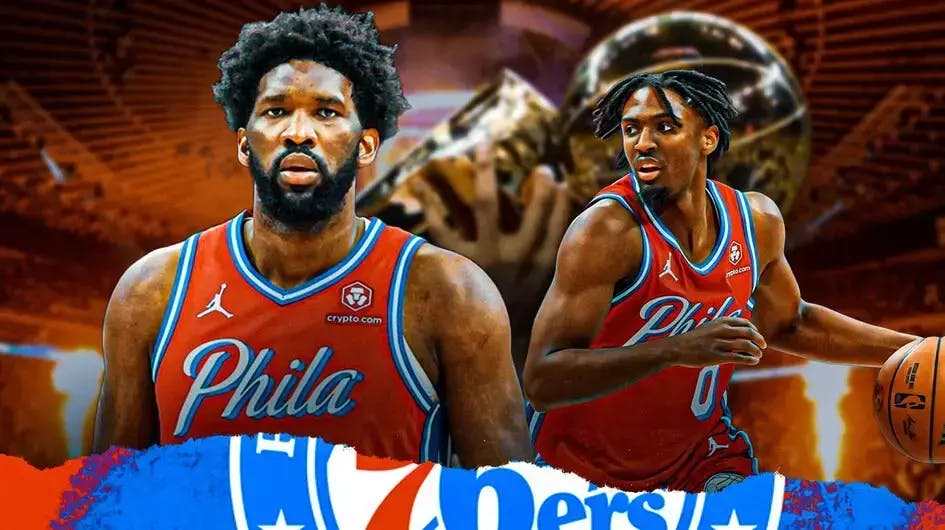 Sixers Joel Embiid and Tyrese Maxey with the NBA Championship and Most Valuable Player award