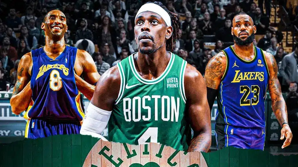 Jrue Holiday with LeBron James on one side of him and Kobe Bryant on the other side, also include the Celtics arena in the background
