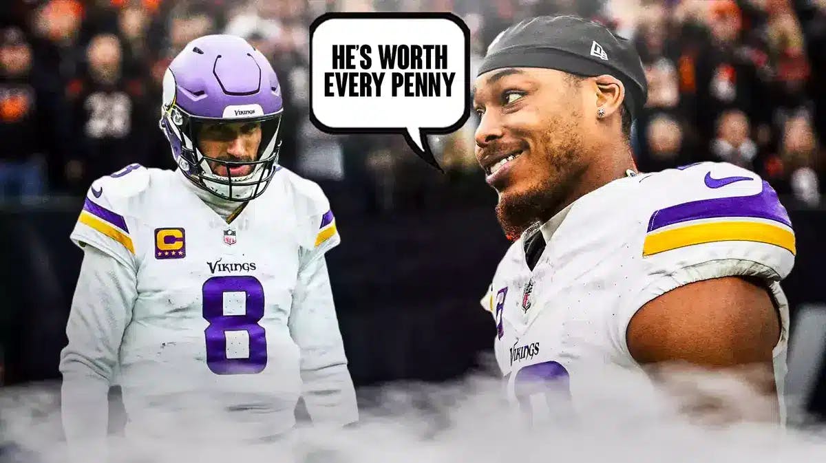 Photo: Justin Jefferson smiling beside Kirk Cousins saying “He’s worth every penny” both of them in Vikings jerseys