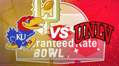 Photo: Kansas vs UNLV logos, Guaranteed Rate Bowl logo in background