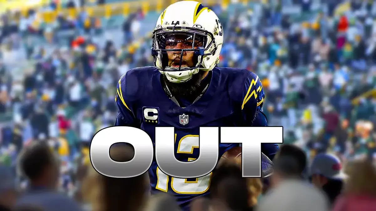 LA Chargers wide receiver Keenan Allen and a text graphic “Out” on bottom of image