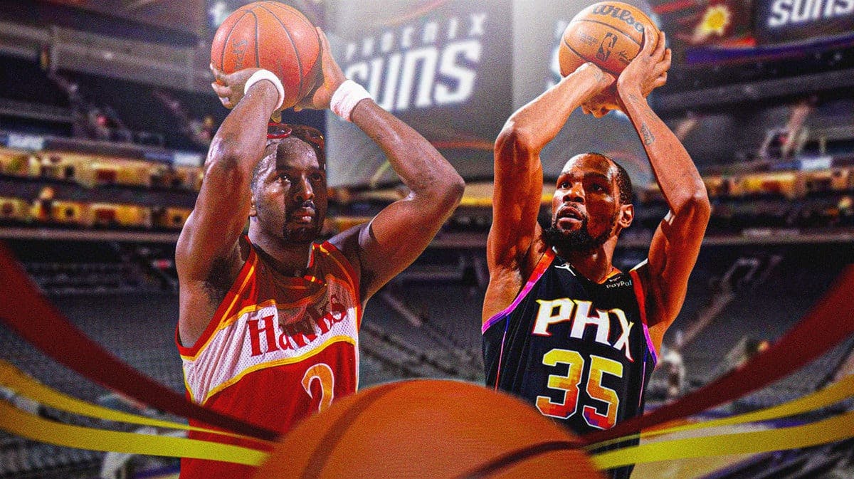 Suns' Kevin Durant and NBA legend Moses Malone both shooting basketballs