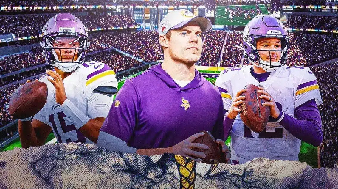Photo: Kevin O'Connell in Vikings gear with Josh Dobbs one side and Nick Mullens on the other, Vikings fans in the back