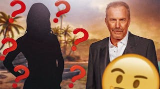 Kevin Costner and the silhouette of a woman with a question mark on her, with a Caribbean island in the background