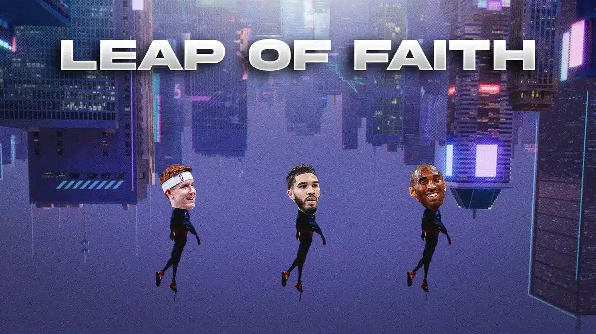 Kings' Kevin Huerter, Celtics' Jayson Tatum, Lakers' Kobe Bryant as Miles Morales Spider-Man in Into the Spider-Verse, with caption above: LEAP OF FAITH
