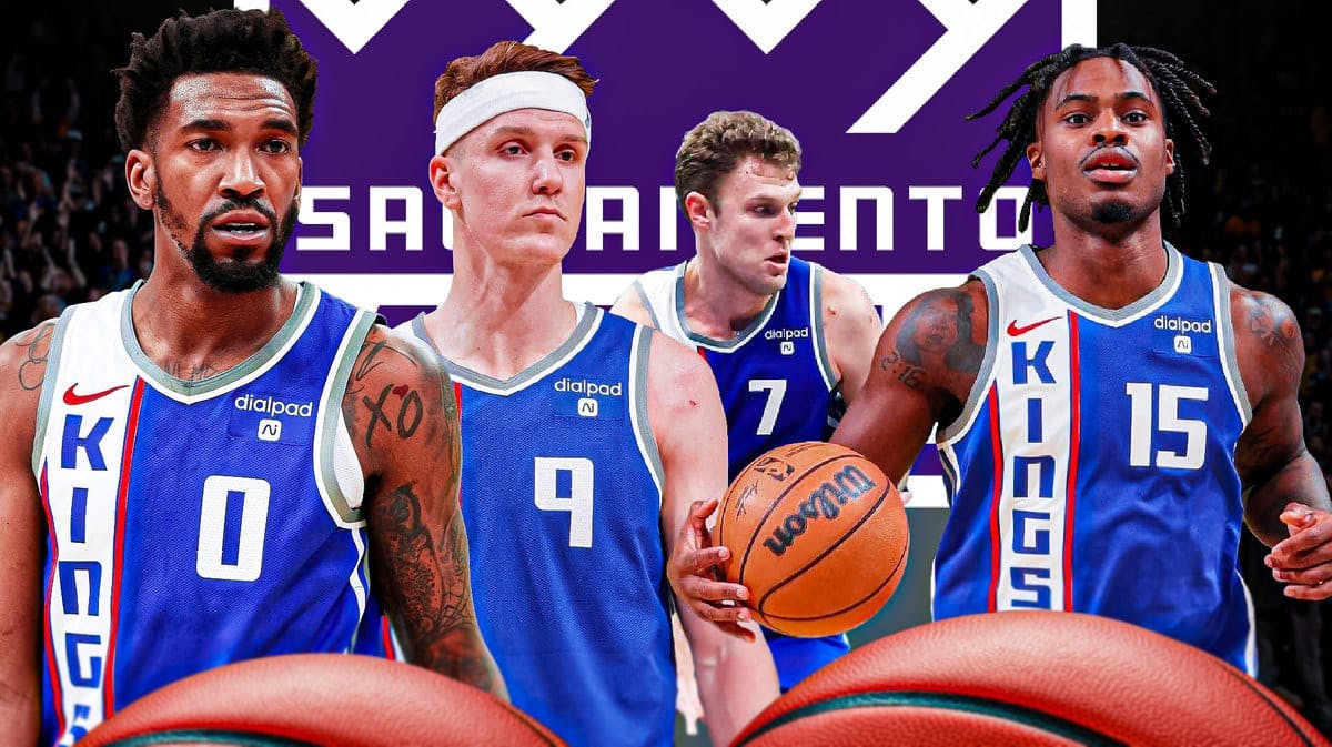 Malik Monk, Kevin Huerter, Sasha Vezenkov and Davion Mitchell all in image, SAC Kings logo in image, basketball court in background