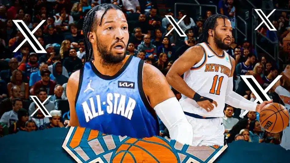Jalen Brunson wearing the 2023 All-Star game uniform, smiling, with a pic of Brunson in a Knicks uni hyped up with Twitter (X) logo all over him