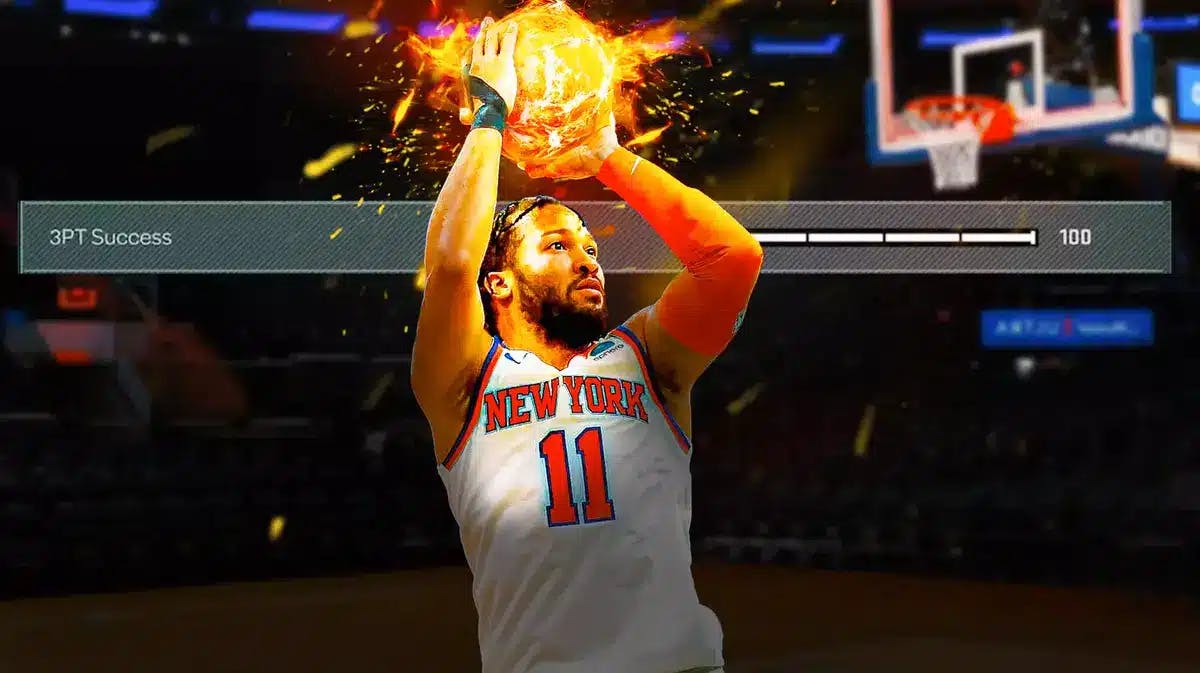 Knicks' Jalen Brunson shooting a fireball with 3pt sliders behind Brunson