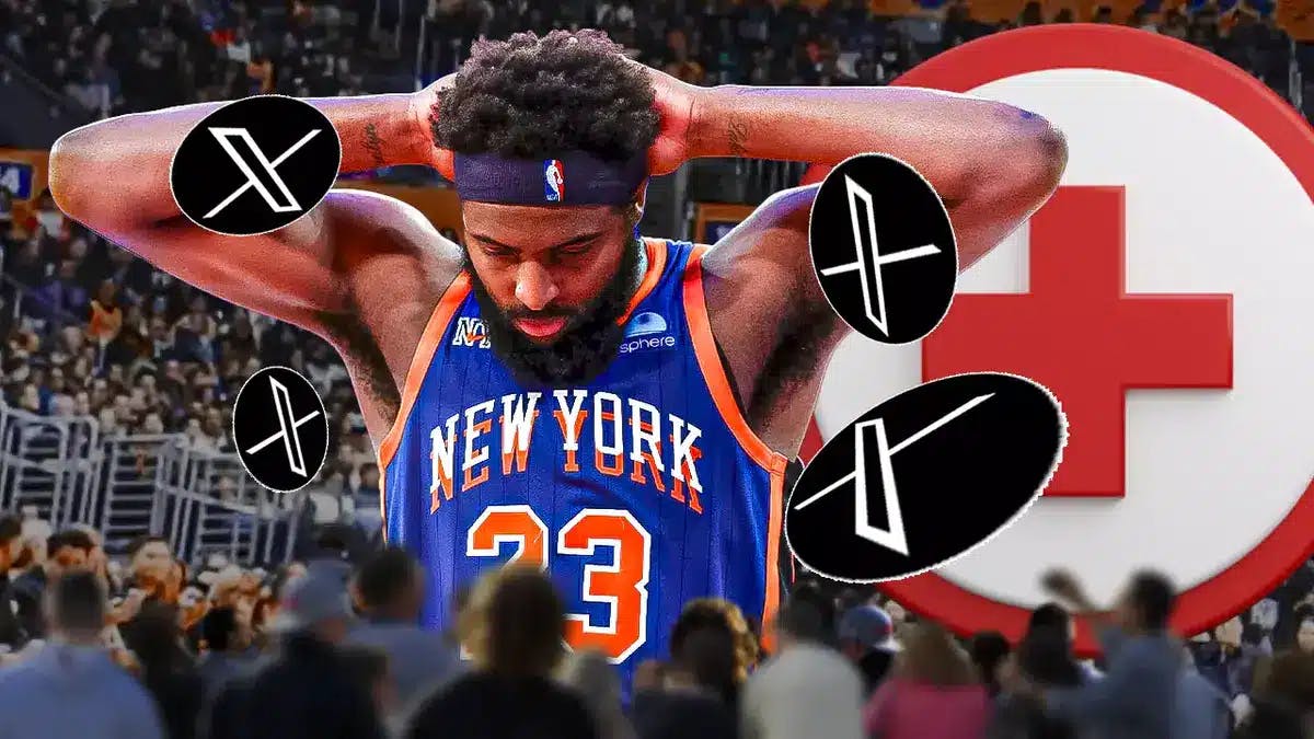 Knicks' Mitchell Robinson looking sad, with sad emojis and Twitter (X) logos around him and a red medical cross beside Robinson