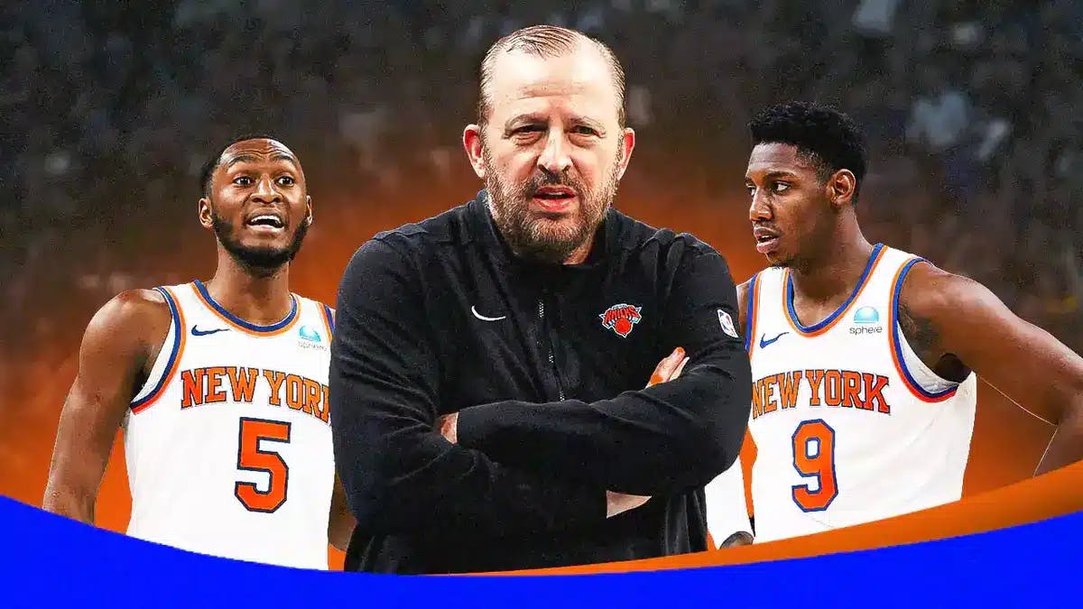 Knicks' Tom Thibodeau looking serious, with Immanuel Quickley and RJ Barrett besdie him