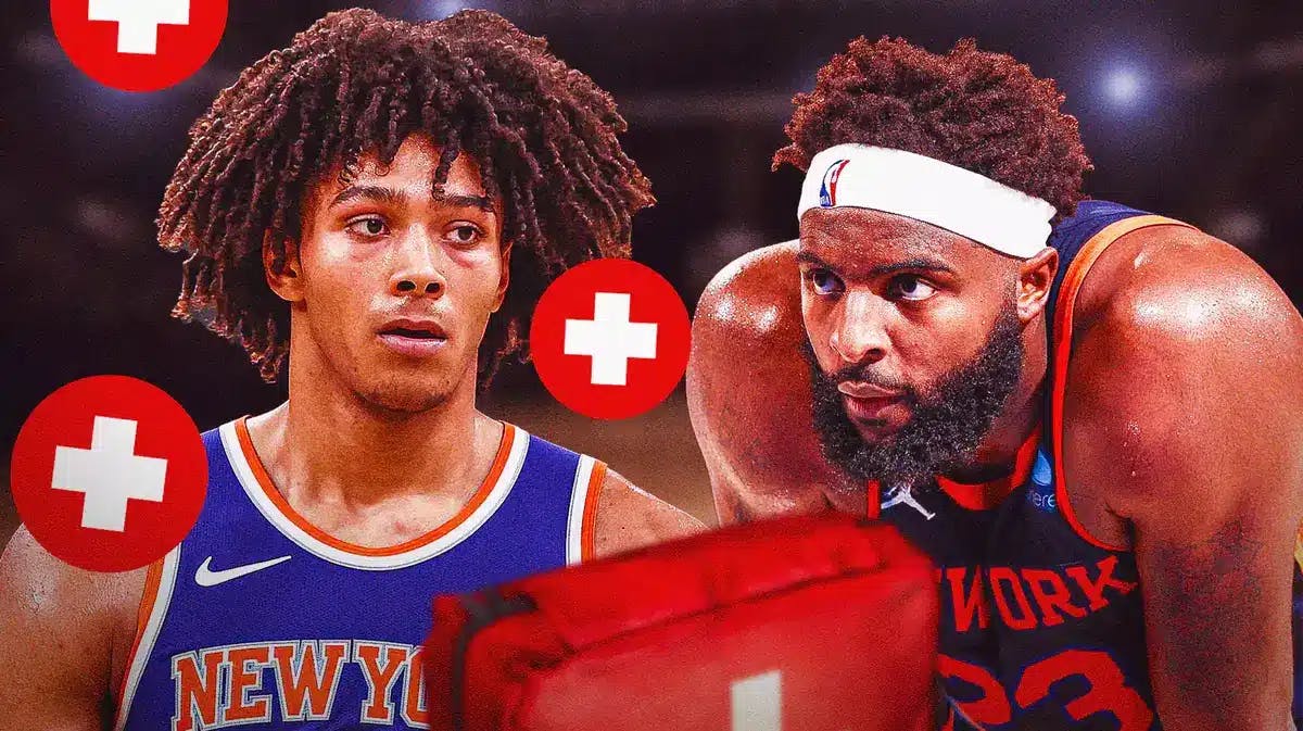 Knicks centers Jericho Sims and Mitchell Robinson with medical symbols