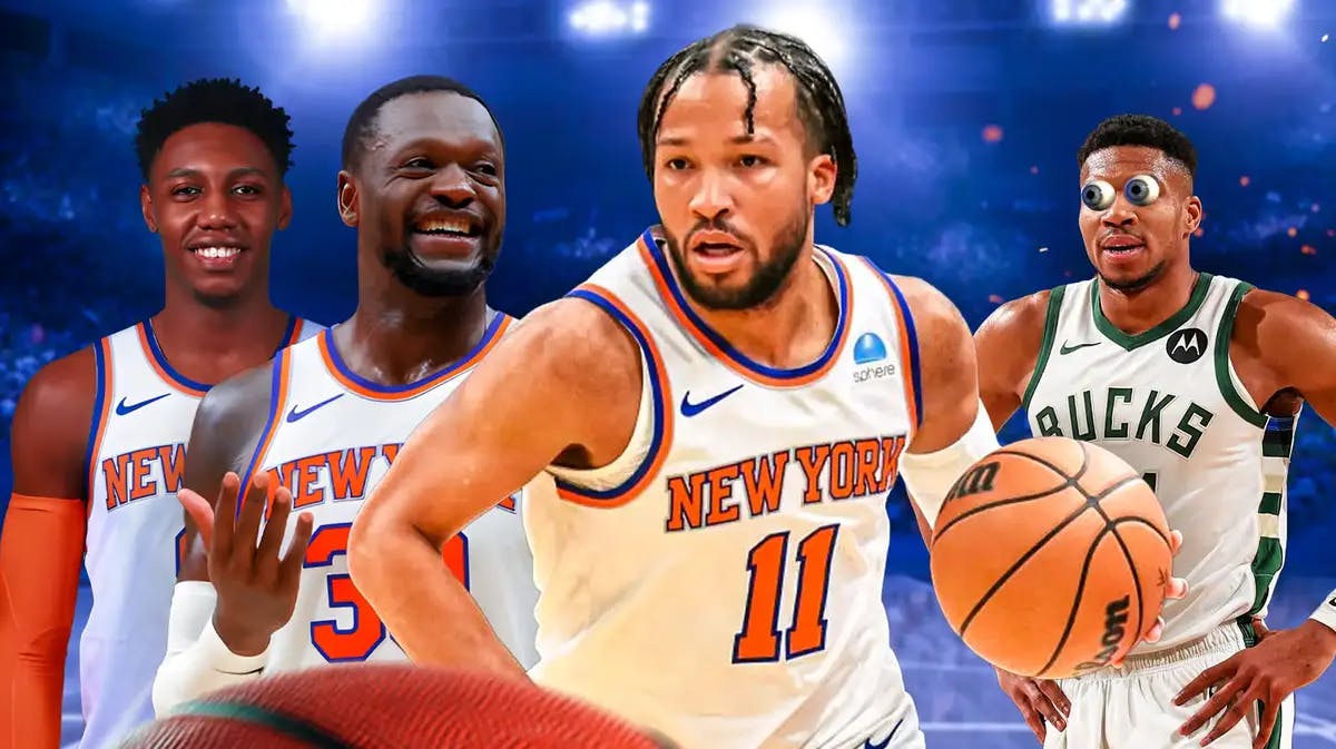 Knicks' Jalen Brunson holding a basketball. Knicks' Julius Randle, Knicks' RJ Barrett laughing next to him. Place Bucks' Giannis Antetokounmpo looking at them with his eyes popping out.