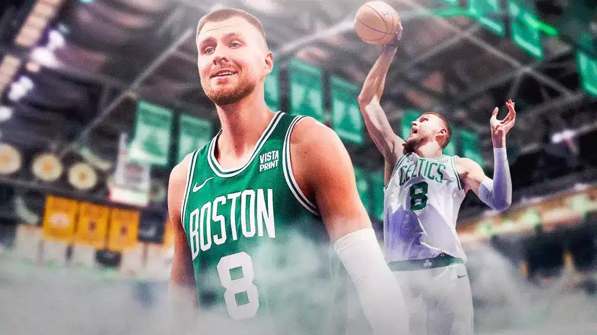 Celtics' Kristaps Porzingis smiling in front. Celtics' Kristaps Porzingis dunking a basketball in background.