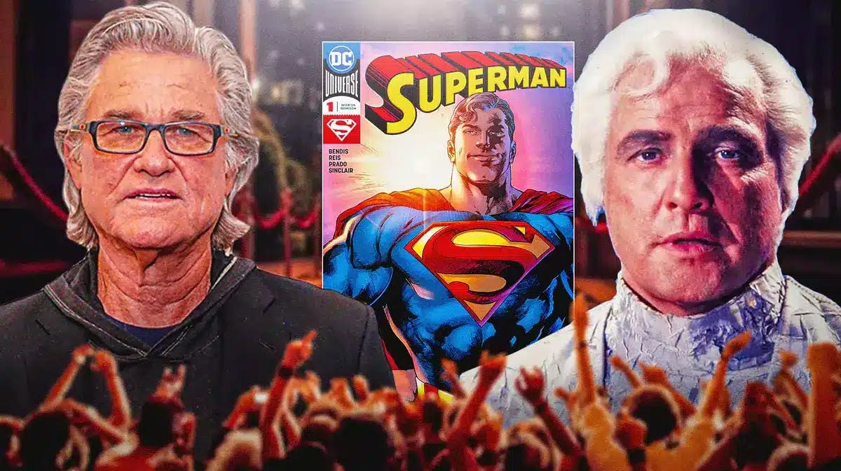 Kurt Russell next to Marlon Brando as Jor-El and Superman background.