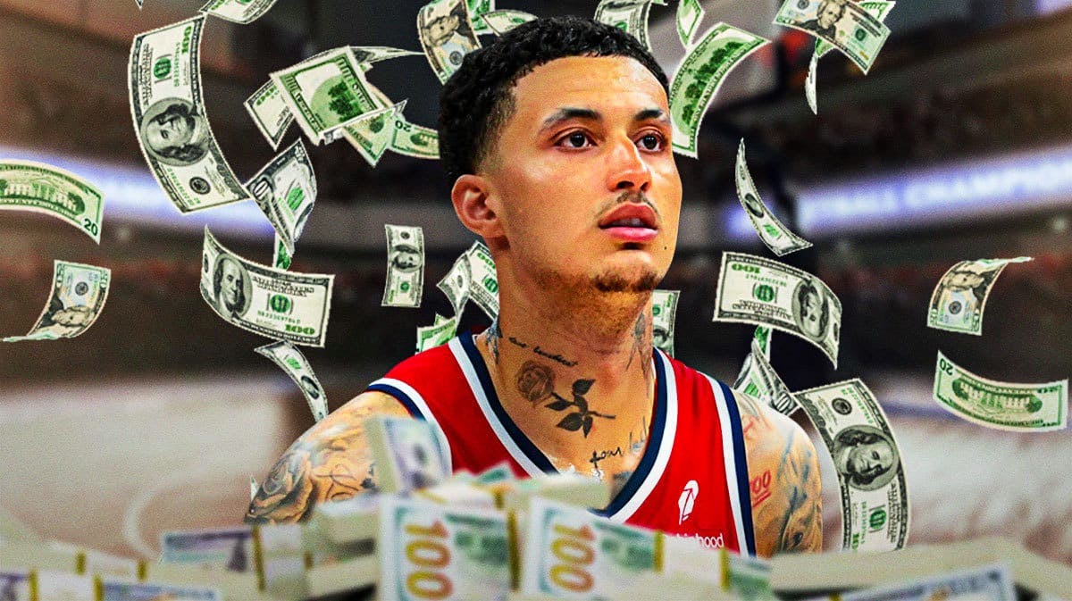 Kyle Kuzma surrounded by piles of cash.