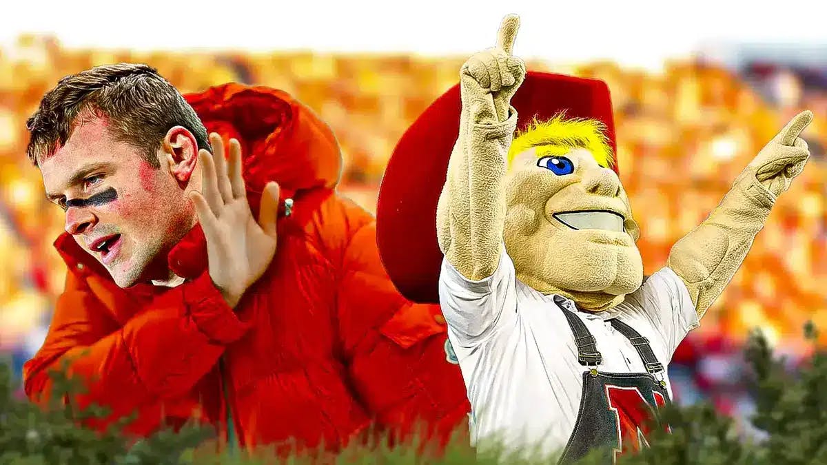 Kyle McCord (Ohio State football) as the Drake No meme with the Nebraska Cornhuskers mascot/logo on the right