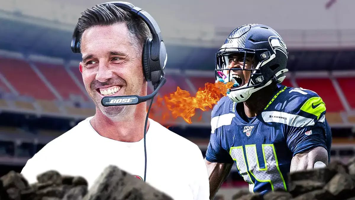 Kyle Shanahan smiling with an angry DK Metcalf at the back, fire coming out of his mouth