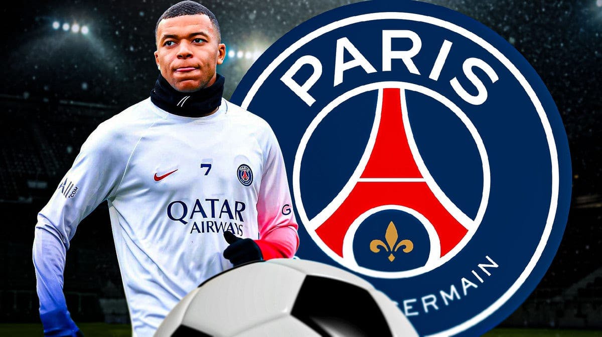 Kylian Mbappe in front of the PSG logo