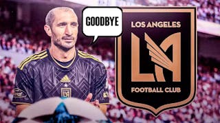 Giorgio Chiellini saying: 'Goodbye' in front of the LAFC logo