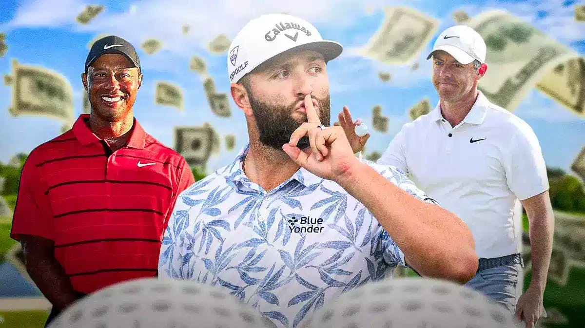 Jon Rahm with money falling down around him. Tiger Woods, Rory McIlroy in background.