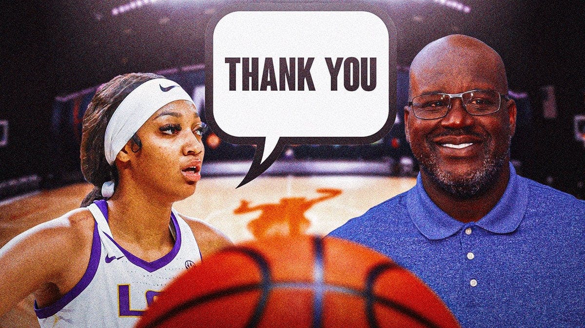 LSU women’s basketball player Angel Reese with a speech bubble saying “Thank you” to Shaq