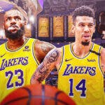 Danny Green together with LeBron James in a Lakers uniform (2019), with thought bubble on Green containing a picture of Austin Reaves holding the sixth man of the year award